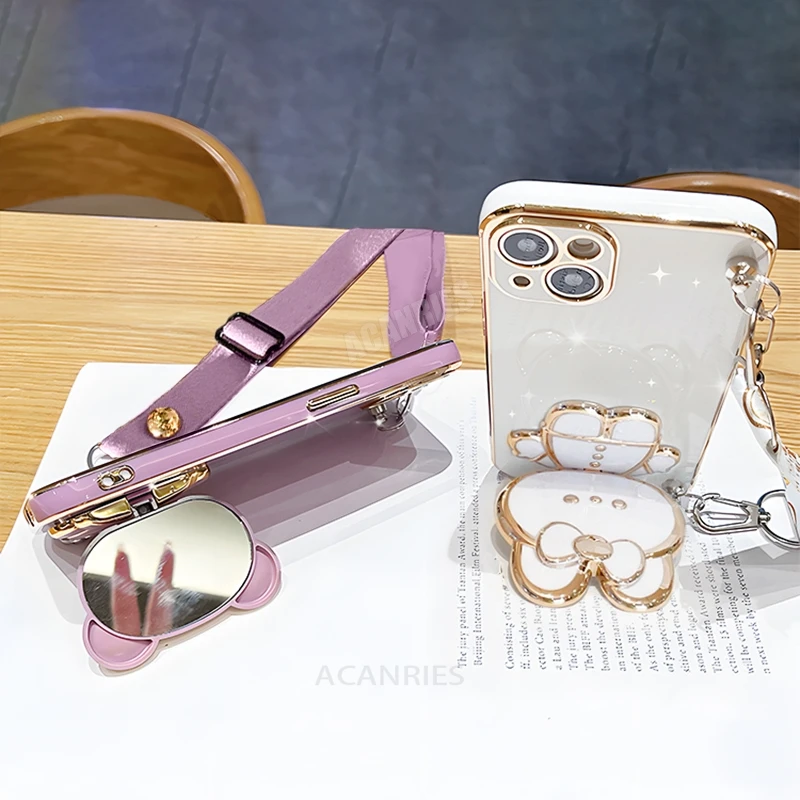 Crossbody Mirror Holder Silicone Case with Lanyard Strap and Shockproof Stand Cover