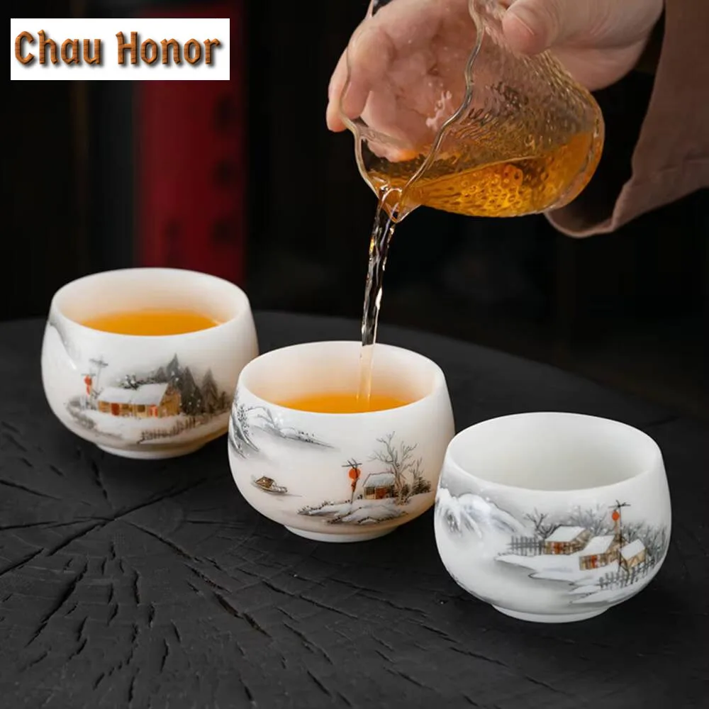 160ml Ice Seed White Jade Mud Porcelain Teacup Hand Drawn Landscape Master Cup Chinese Jianzhan Personal Tea Bowl Kung Fu Teaset
