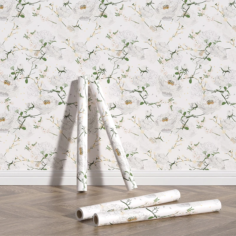 White Pear Flower PVC Wallpaper Home Decor Peel And Stick Retro Room Wall Stickers Self-adhesive Waterproof Furniture Wallpaper