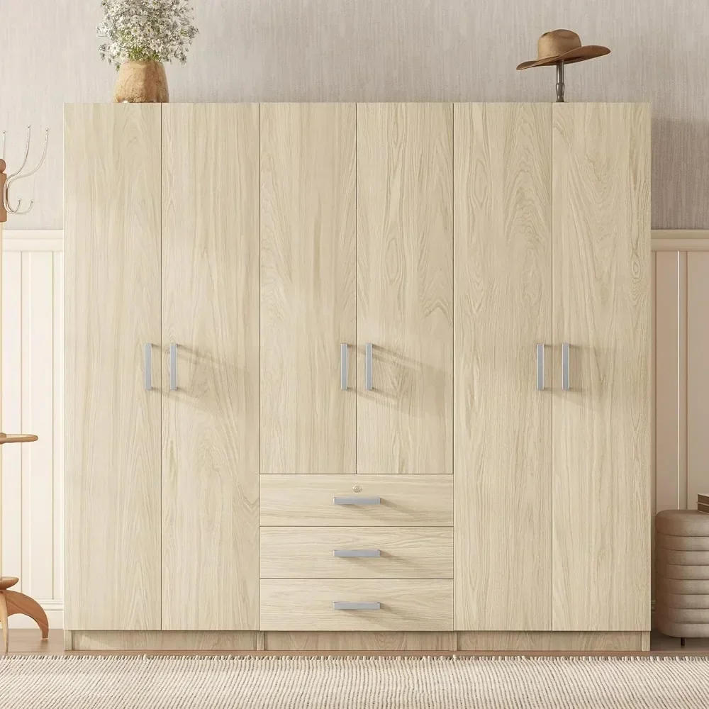 Large Wardrobe Closet 6 Doors, Wooden Wardrobe Cabinet with Big Drawers, Bedroom Armoire Dresser Wardrobe Clothes Organizer 2