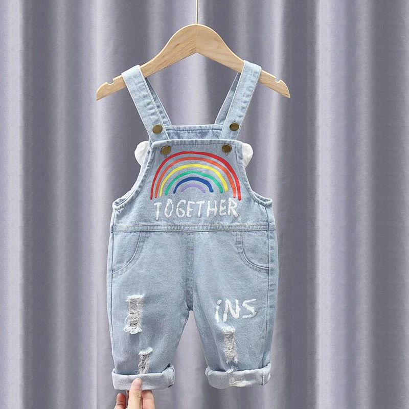 Children Overalls Pants Girls Dungarees Hole Wash Jeans Rainbow Print Denim Jumpsuit 0-4 Years children overalls pants kids outfits
