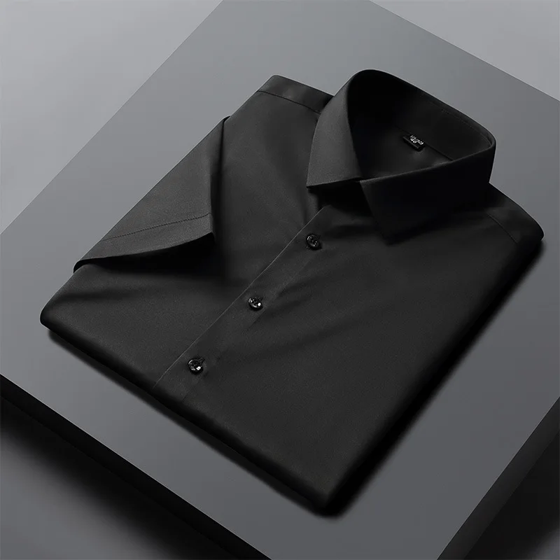 New Spring Summer Men Shirt Non-Ironing Anti-Wrinkle Business Casual Solid Color Elastic Smooth Short Sleeves Work Social Shirt 5