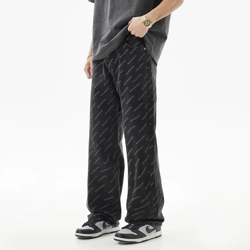 Hip Hop Fashion Printed Jeans Men's Spring and Summer 2024 New Loose Straight Fashion Personality Youth Korean Style Trousers