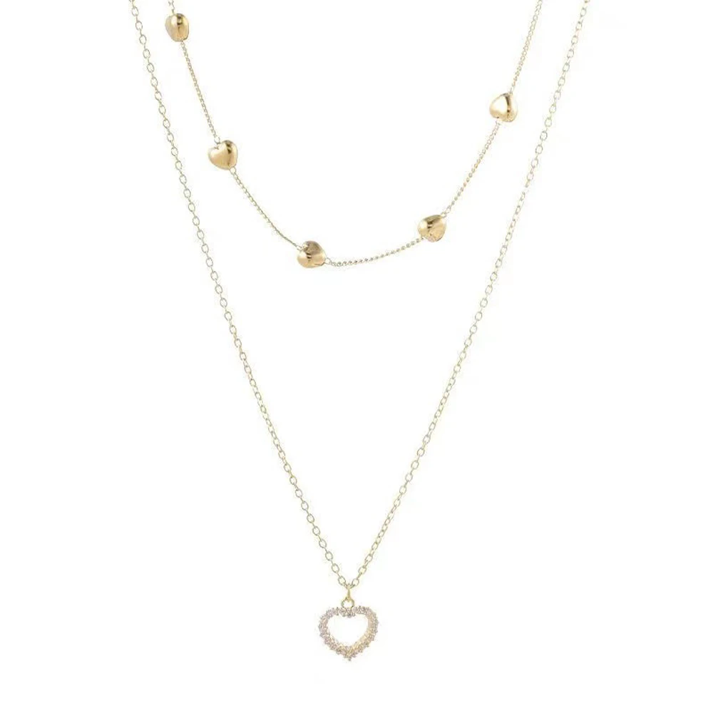 Gold Color Double Layer Heart Necklace Zircon For Women Clavicle Chain Elegant Charm - Image 2
