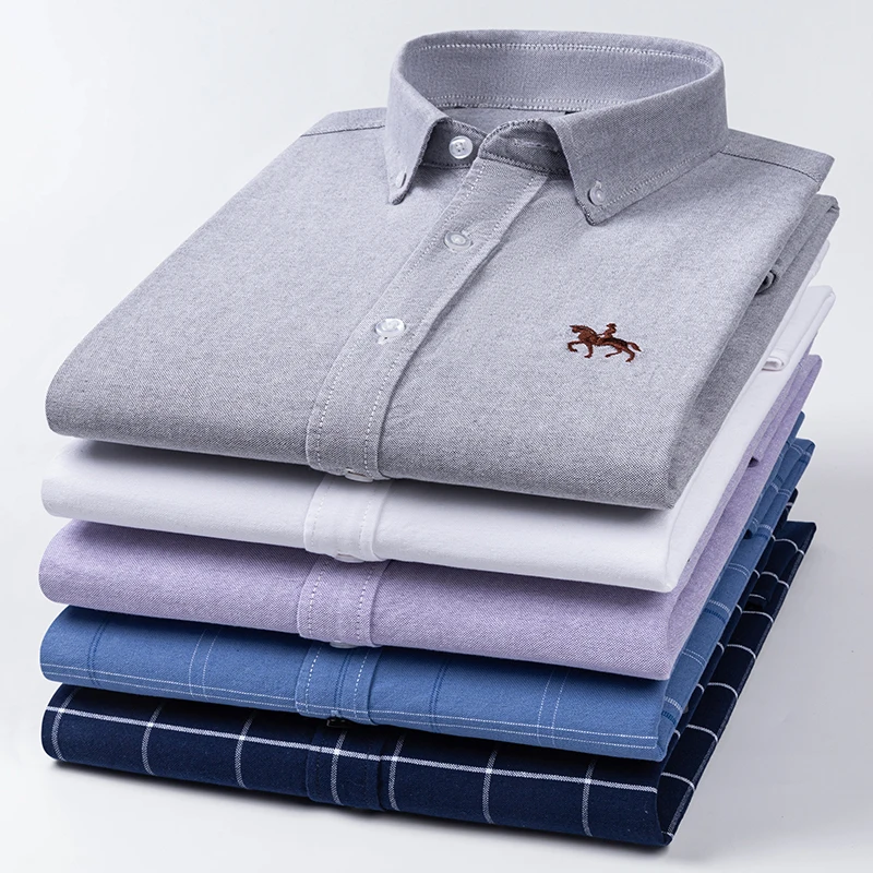 2024 Men's Long Sleeve Dress Shirt Men Pure Cotton Oxford  Embroidered Horse Casual Without Pocket Solid Shirt Plus Size