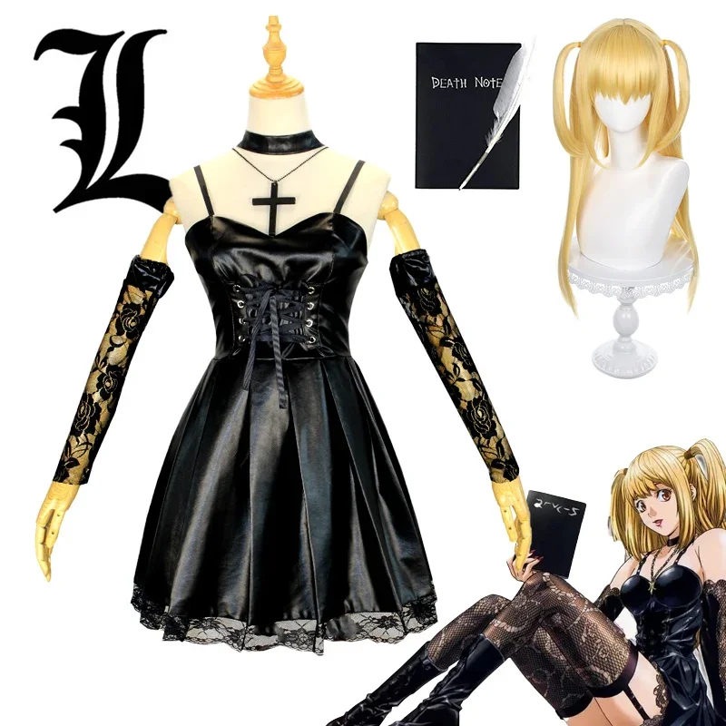 

Anime Death Note Cosplay Misa Amane Costume Imitation Leather Sexy Dress Neck Jewelry stockings necklace Uniform Outfit Wig