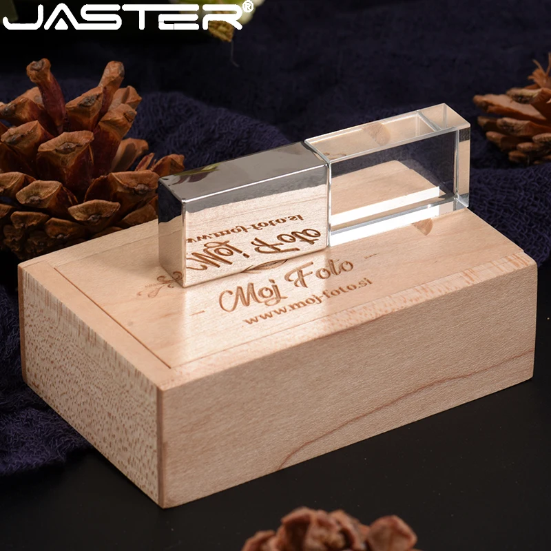 JASTER Wooden box USB flash drive Crystal Pen drive Memory stick 128GB 16GB 32GB 64GB Creative Wedding gift Pendrive usb flash drive flash drive