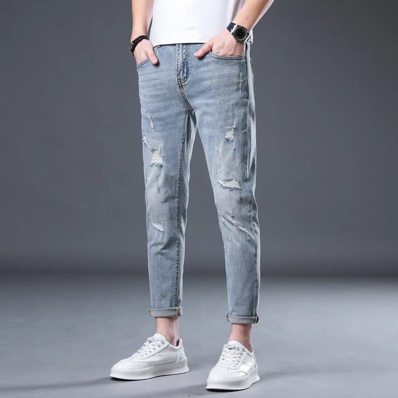 Ripped Jeans For Men Men's Skinny Jeans Light Blue Stretch Capri Pants  Ankle Length Distressed Hip Hop Cropped Pants Trousers _ - AliExpress Mobile