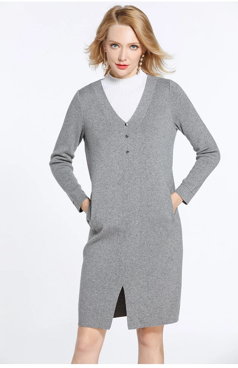 

Gowani Winter Straight Loose Wool Knit Sweater Fake Two Piece Design Elegant Knee Length Dress