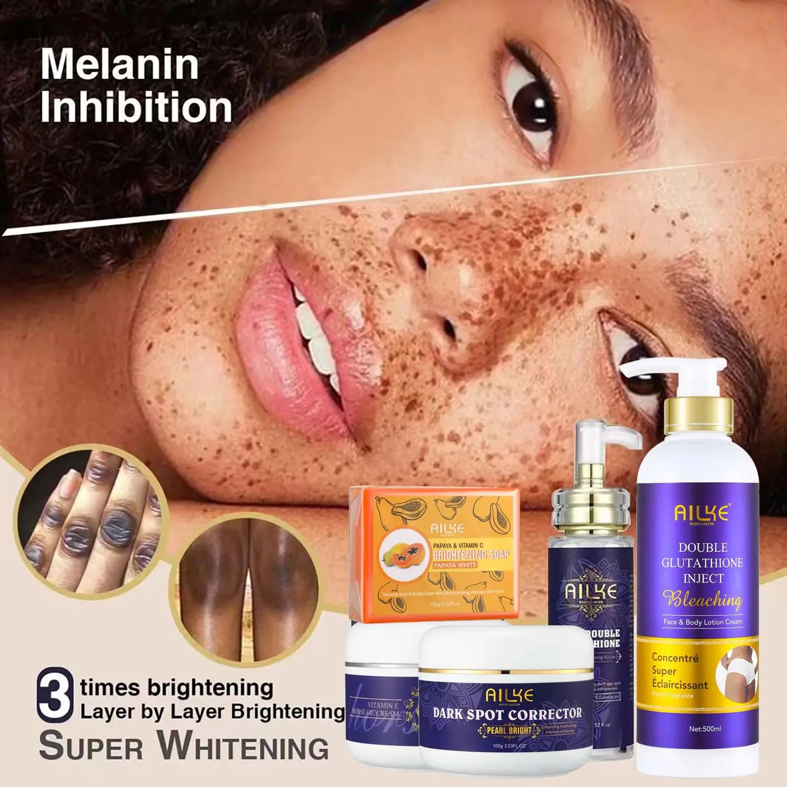 AILKE Double Glutathione Brighten Skin Care Set, Lighten, Reduce Dark Spots, Freckles, Melanin, Clean Skin Range For Men, Women