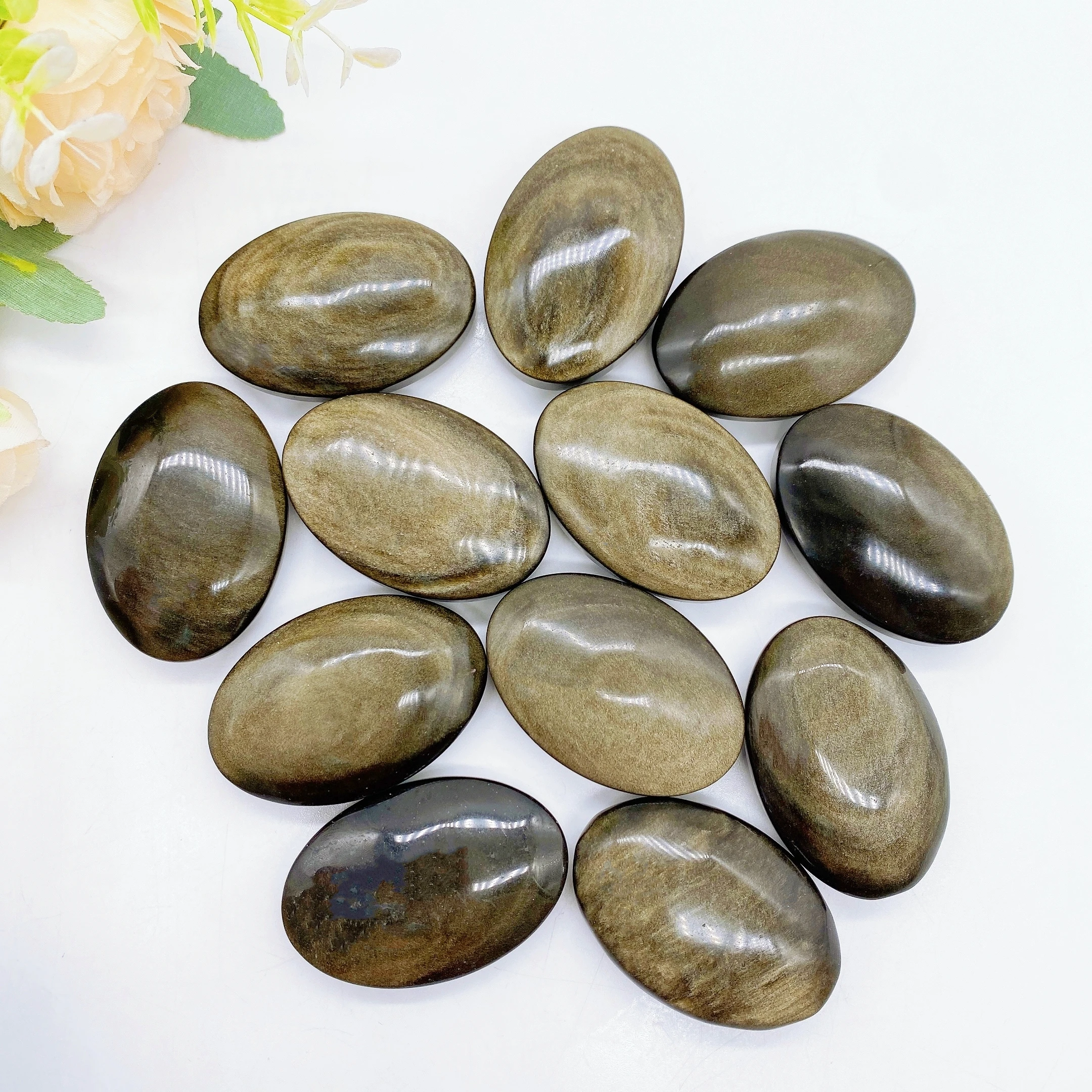 Natural Crystal Gem Gold Obsidian Palm Stone Thumb Toy Hot Compress Crafts Healing Health Family message tool Home Decor Gift