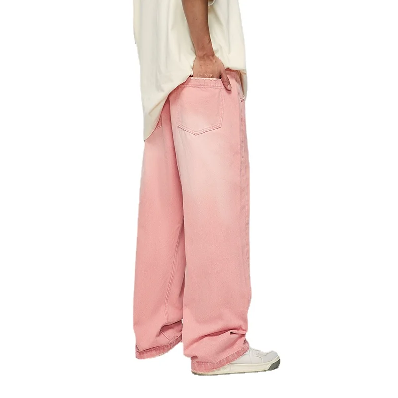 

Pink Wide Leg Jeans Unisex High Street Washed Denim Pants Mens Baggy Trousers Plus Size