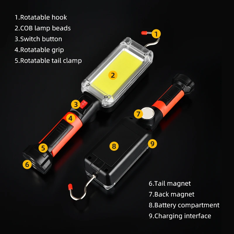 Led work light Led Work Light COB Floodlight 8000LM Rechargeable Lamp Use 2*18650 Battery Portable Magnetic Light Hook Clip Waterproof