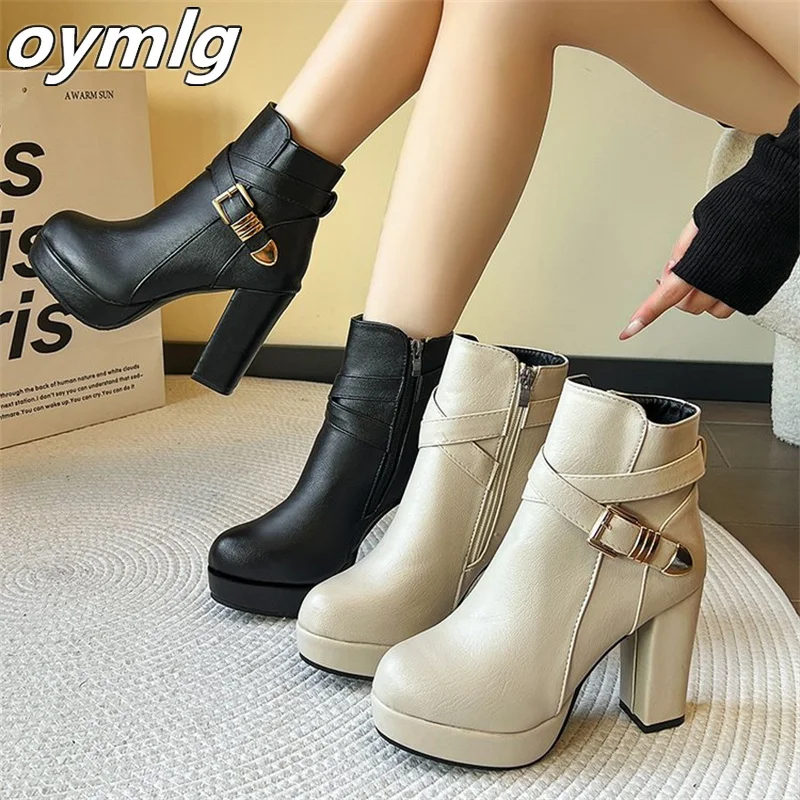 

High Heel Waterproof Platform Large Heel Belt Buckle Side Zipper Temperament Women's Shoes Autumn and Winter Short Boots