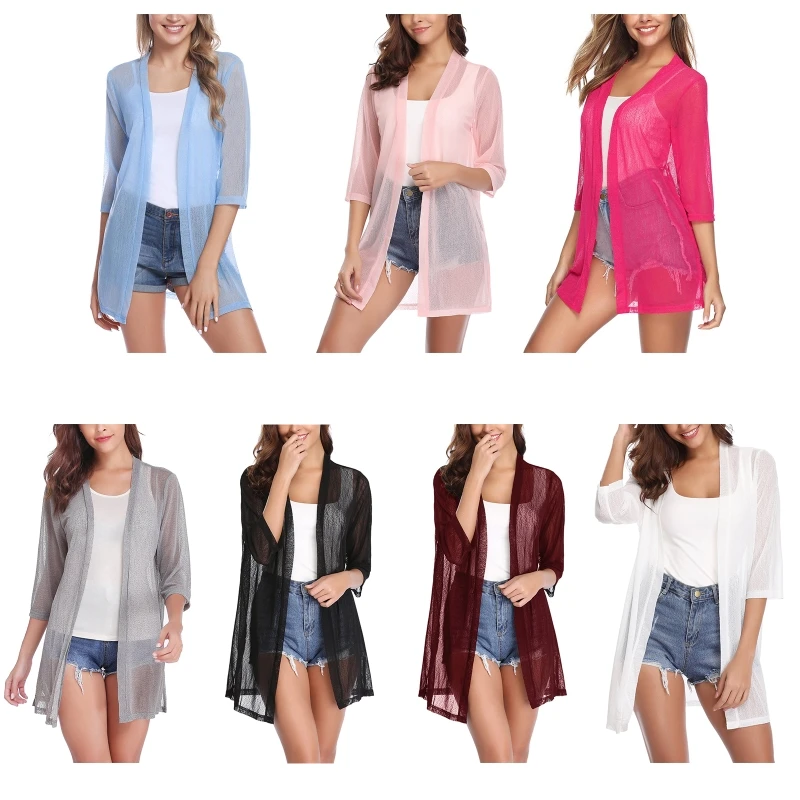 

Women Solid 3/4 Sleeve Cardigans Lightweight Chiffon Cardigan Kimono-Cardigans Top Loose Open Front Cover-Up S-3XL G99D