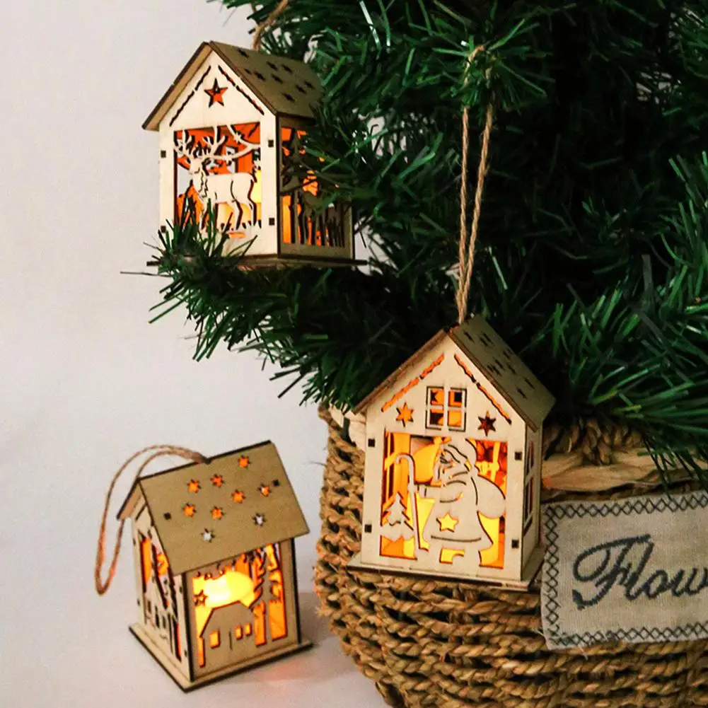 Christmas LED Wood House Ornaments Eco friendly Glowing Mini Personalize Illuminate Christmas Tree Pendant