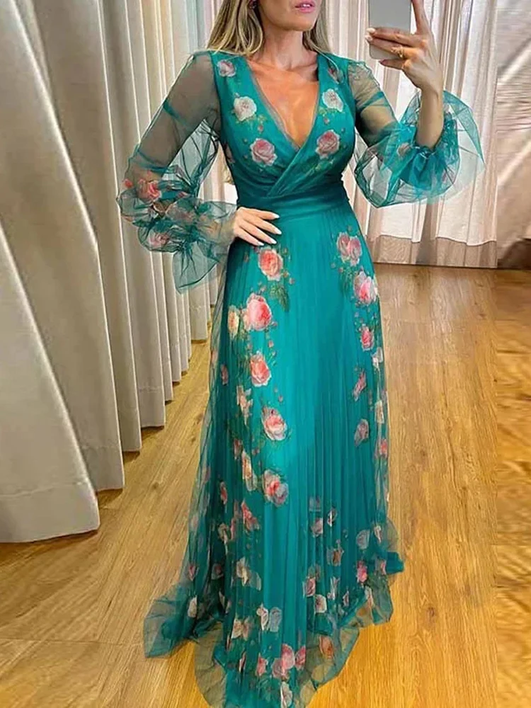 

Элегантное платье-трапеция с цветочным принтом для женщин, газовое Плиссированное богемное платье с V-образным вырезом и длинным рукавом, новое осеннее офисное платье