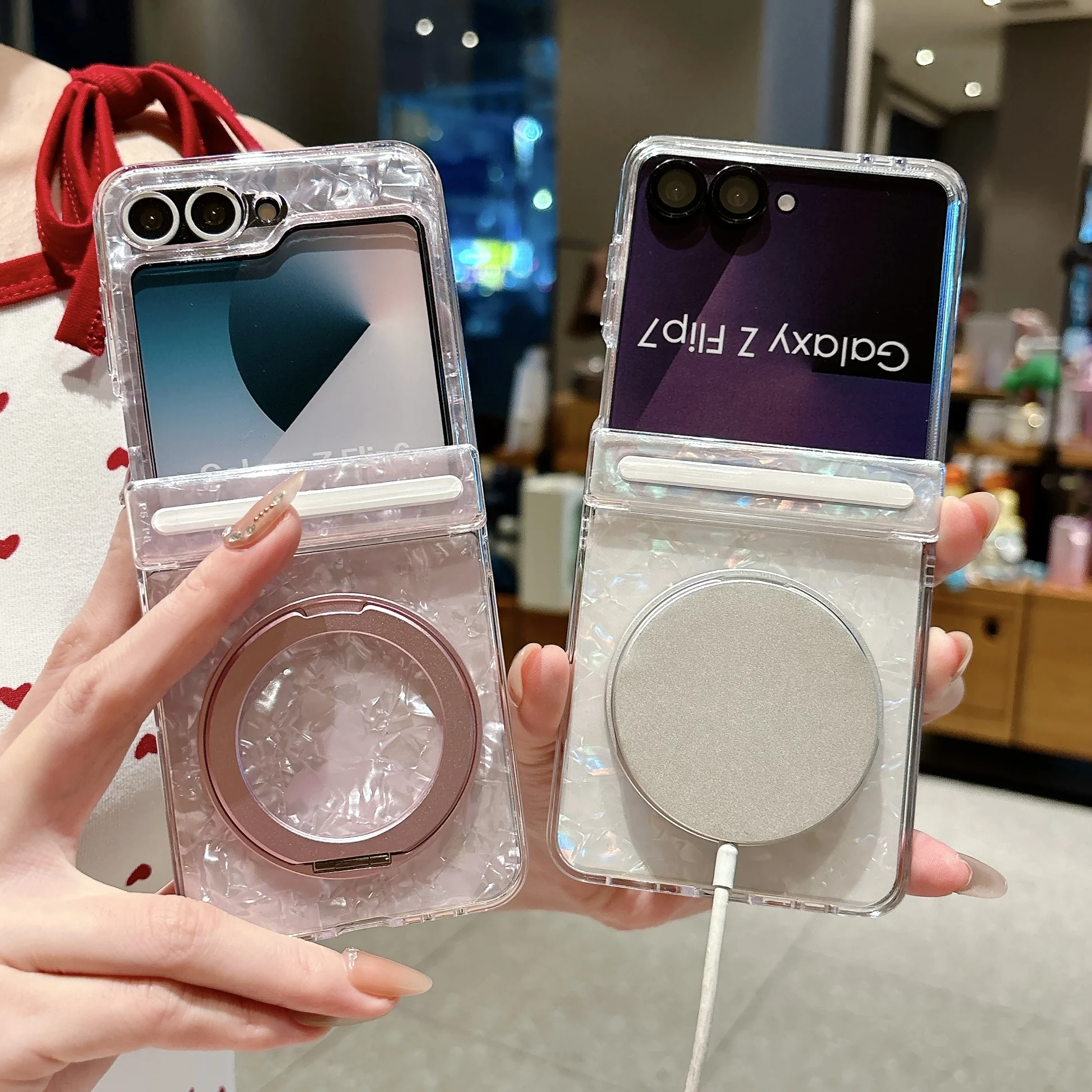 Dreamy Shell Pattern Magnetic Hinge Case with 360° Rotating Bracket and Wireless Charging Capability