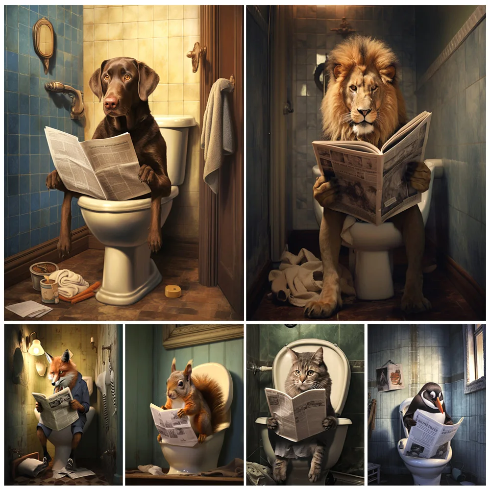 

Animals on Toilet Closestool WC Posters Funny Cat Dog Wall Pictures For Living Room Poster Wall Art Canvas Painting Unframed