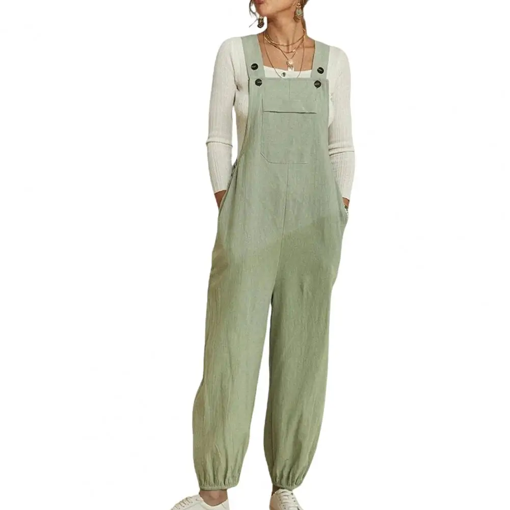 

Women Bib Overall Wide Shoulder Straps Pockets Elastic Cuffs Women Jumpsuit Casual Solid Color Wide Leg Playsuit Streetwear