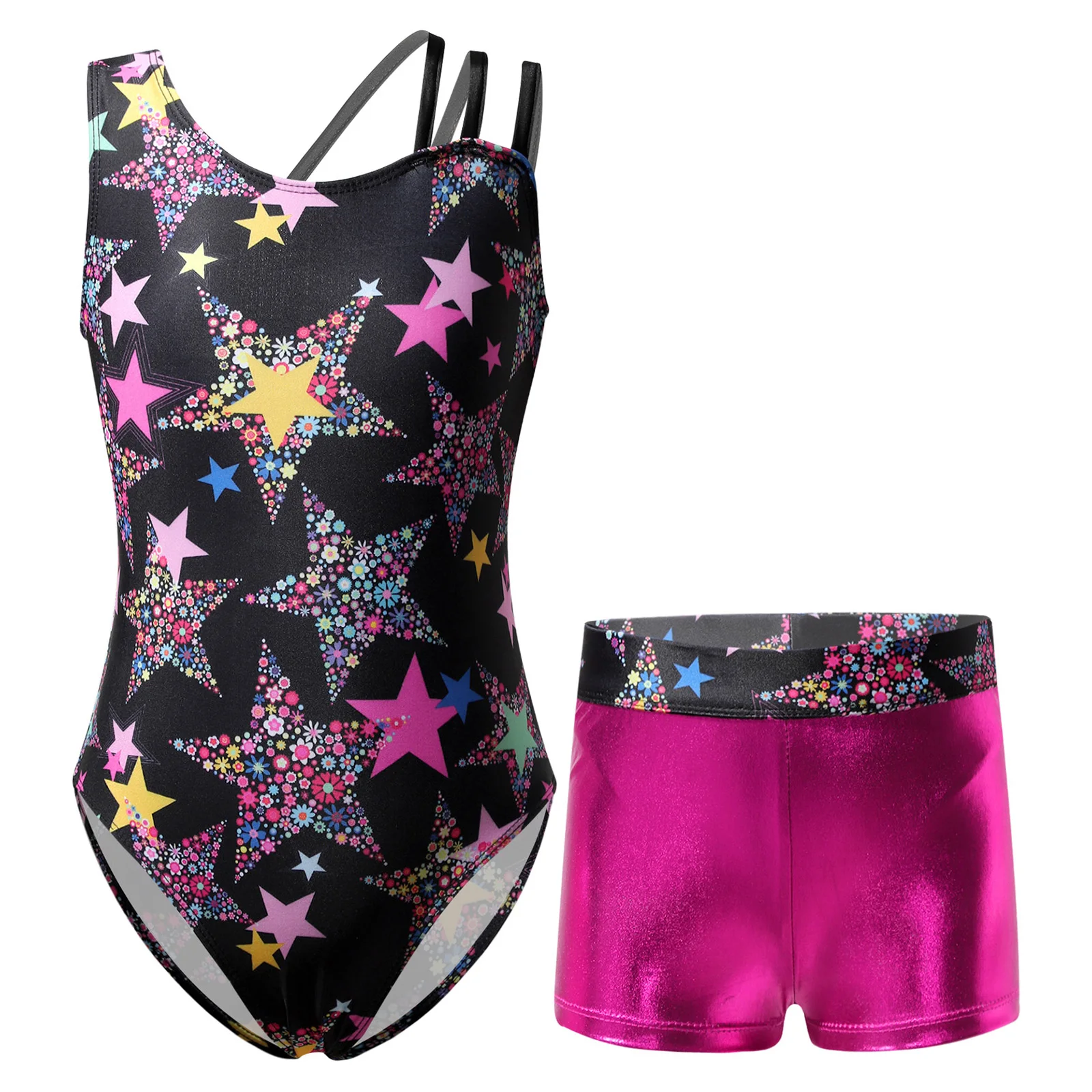 Kids Girls Sleeveless Leopard Print Gymnastics Leotard with Shorts Children Ballet Dance Outfits Gymnastics Jumpsuit Dancewear