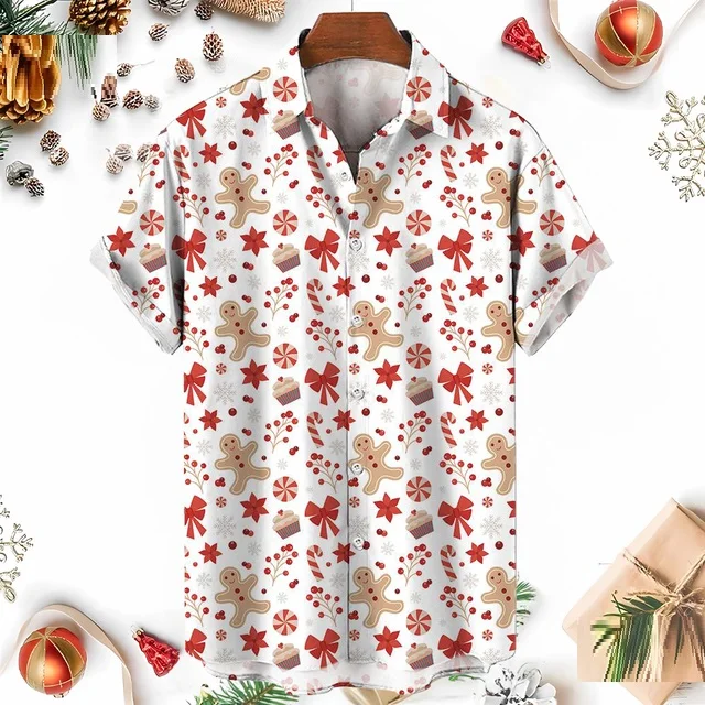 Xmas New Year Gingerbread Christmas Hawaiian Shirt Men's 3D Snowman Print Street Short Sleeved Loose Clothes For Women Clothing
