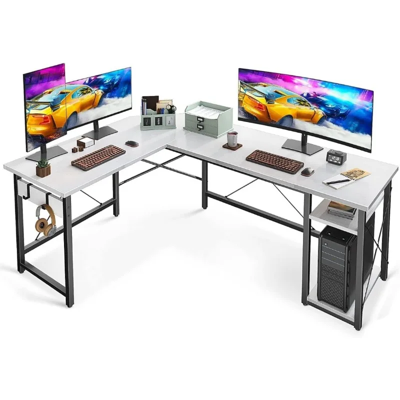 

L Shaped Computer Desk 66" with Storage Shelves, Corner Sturdy Writing Desk Workstation, Modern Wooden Office Gaming Desk