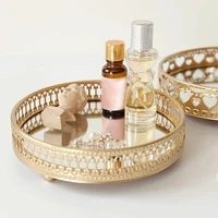 Golden Color Delicate Jewelry Storage Tray Glass Mirror Base Bedroom Desktop  Perfume  Box Cosmetic Decorative 1Pc 1