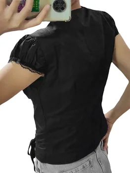 Women Lace Tops 1/4 Sleeve Round Neck Ruffle Buttons Party Casual Spring Summer Black Shirt 2