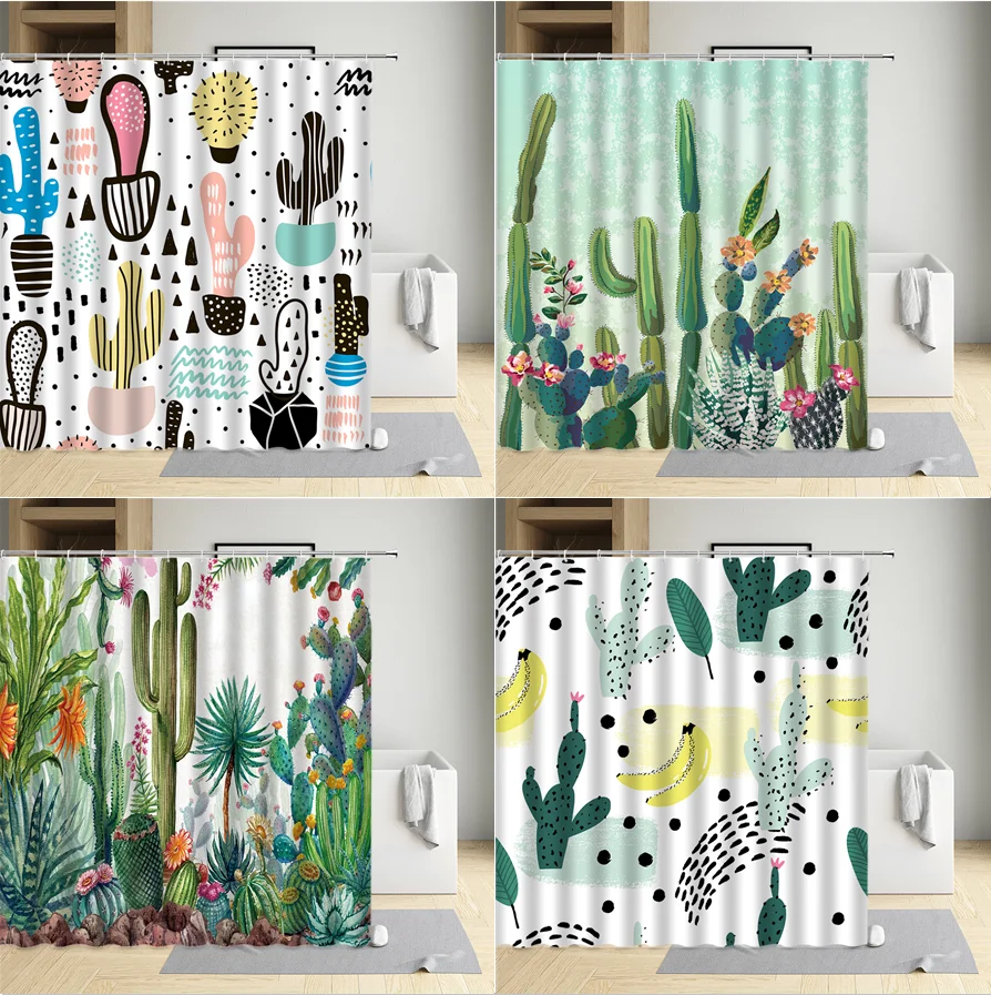 

Cactus Landscape Shower Curtain Tropical Plants Home Bathroom Waterproof Screens Belt Hooks Environmental Protection Fabric