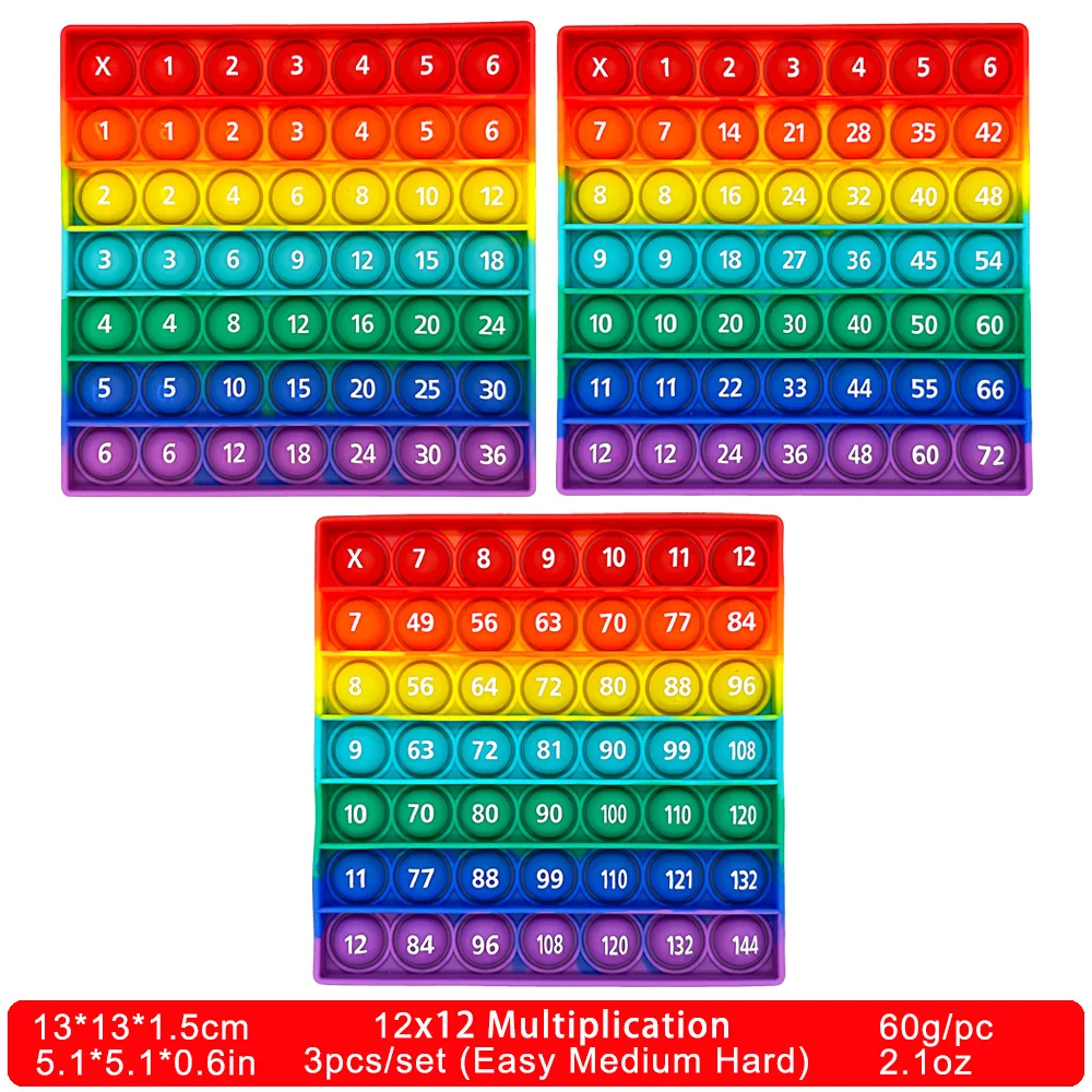 3pcs/Set 12x12 Multiplication Game Pop Toys, Help Kids Learn Math Easy Medium Hard Training Educational Fidget Toys