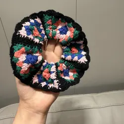 Bohemian Crochet Knitted Hair Scrunchies - Handmade Elastic Hair Accessory (Black)