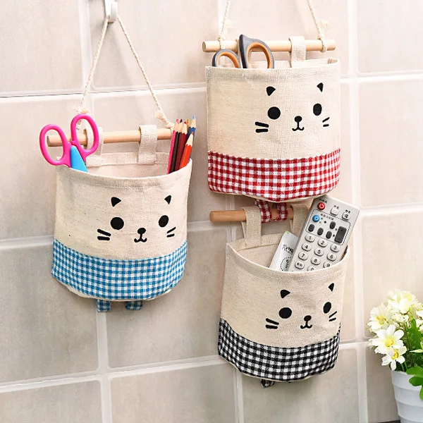 9 Pieces Mini Wall Hanging Storage Bags Small Cotton Linen Storage Basket  Foldable Storage Family Organizer Box Decorative Hanging Bag (Cute)