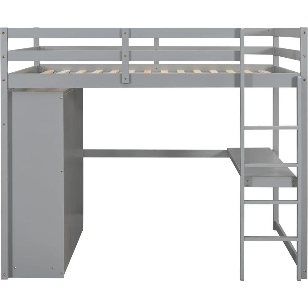 Full Size Loft Bed with Built-in Wardrobe, Desk, Storage Shelves and Drawers, Solid Wood Loft Bed Frame, Wardrobe 6