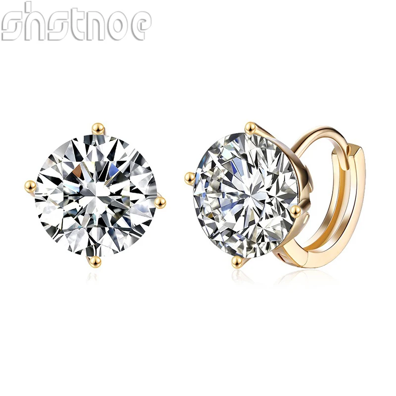

SHSTONE 925 Sterling Silver 10mm Round AAA Zircon Gold Clip Earrings For Women Party Wedding Birthday Fashion Charm Jewelry Gift