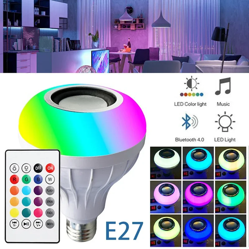 Bombillas de música RGB con Bluetooth, altavoz de 110V, 220V, bombilla LED  E27, Control remoto inalámbrico, bola mágica con Audio, lámpara de  escenario colorida - AliExpress