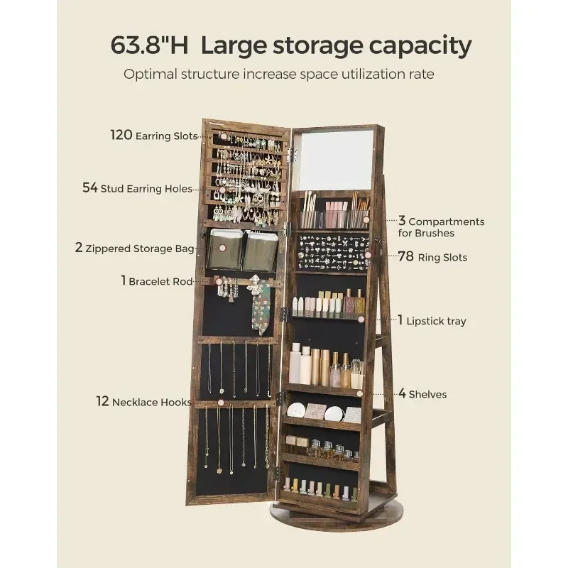 Superior 360° Swivel Jewelry Cabinet, Lockable Jewelry Organizer with Full-Length Mirror, Rear Storage Shelves, Jewelry Armoire 4