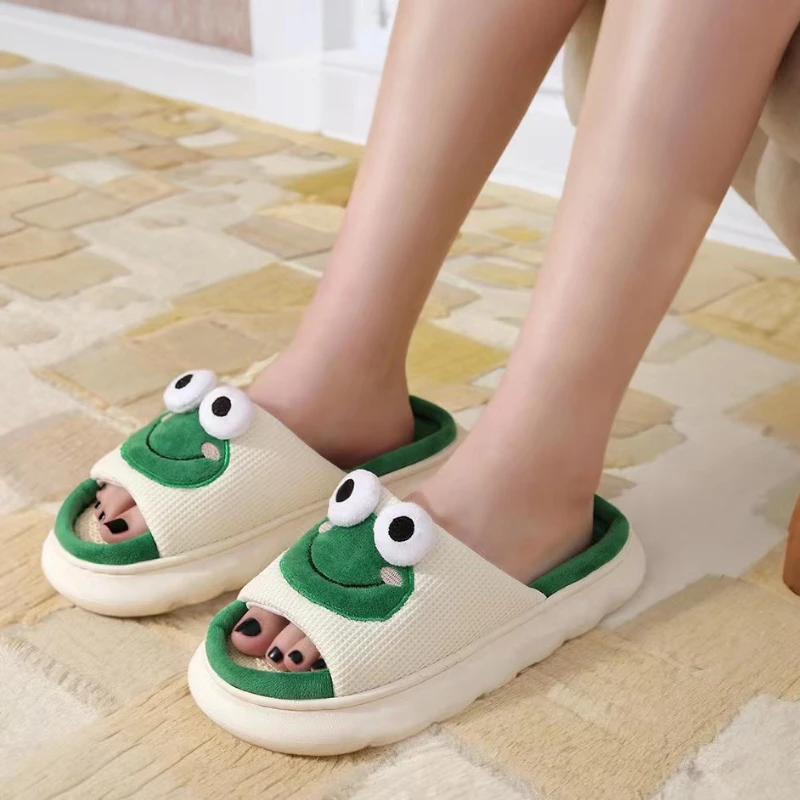 Donne Cartoon Frog pantofole inverno caldo Indoor Home Slides lino suola spessa coppia pantofola camera da letto scarpe antiscivolo sandali