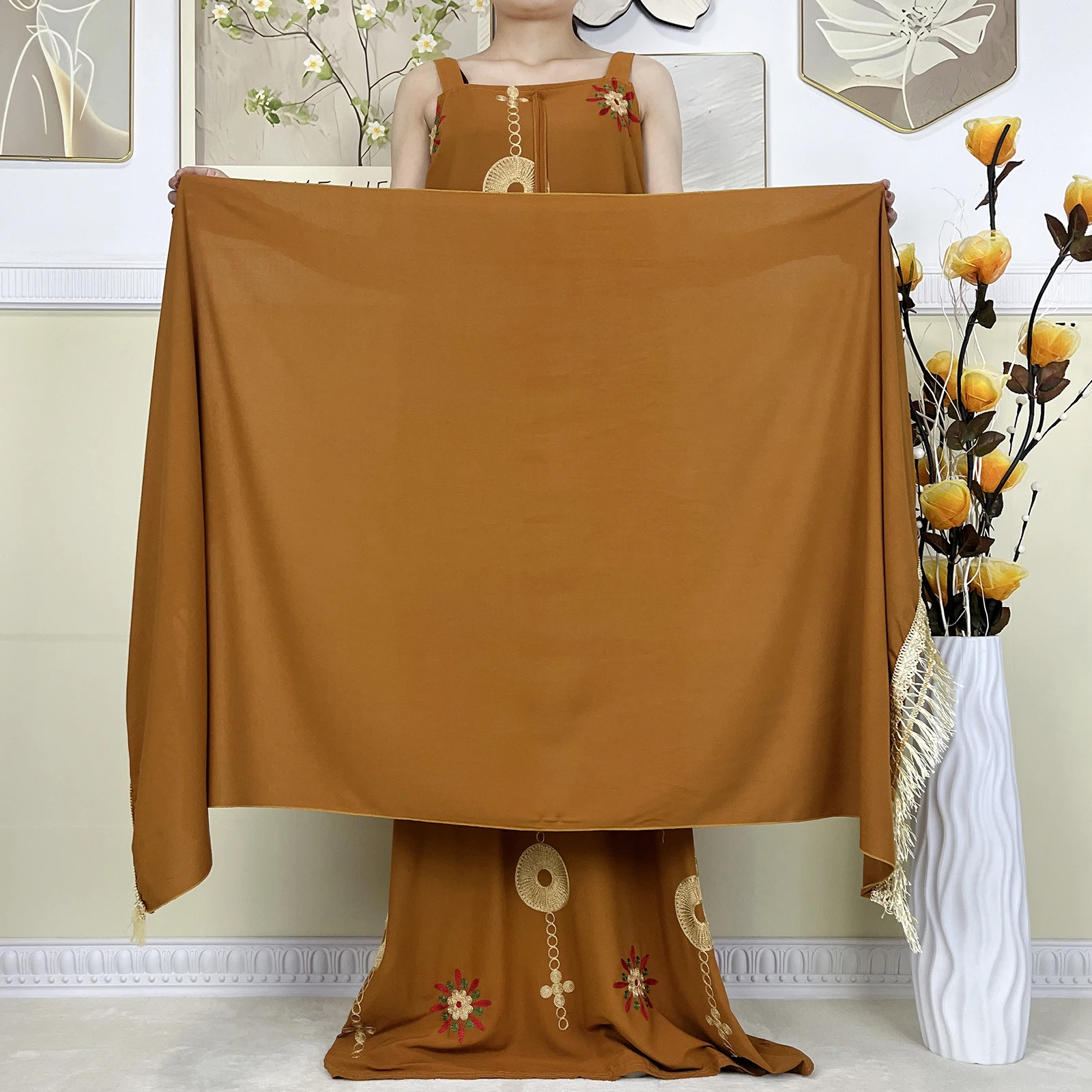 New Dubai Party Women Summer Sleeveless Dress With Big Scarf Cotton Embroidery African Lady Elegant Maxi Islam Casual Vestidos