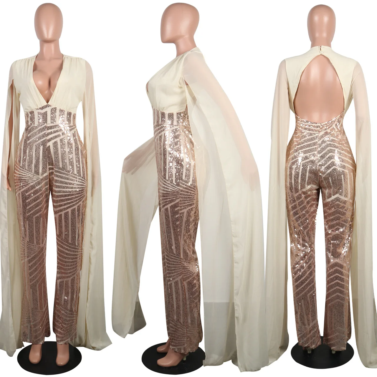 Women Hot Drilling Sequined Gold Cloak Night Party Bodycon Long Sleeve Open Back Luxurious V-neck Jumpsuits Sexy Club Rompers
