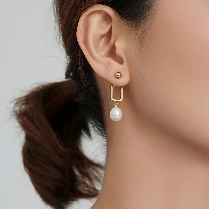 

Starmoon Fashion Jewelry Simple Fresh Water Pearl Rectangle Geometry Gold Color Female Girl Earring Summer Style New Design