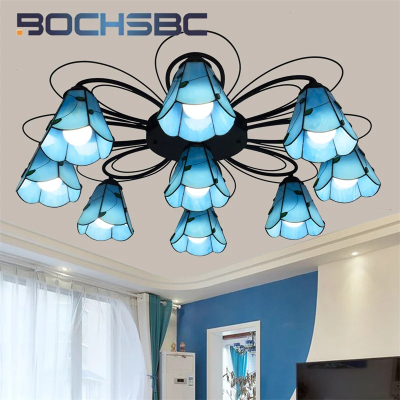 

BOCHSBC Tiffany glass Mediterranean-style blue ceiling light deco the living room Dining Room Bedroom bar aisle overhead light