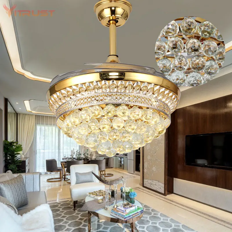 Ventilateur de plafond suspendu en cristal de luxe, design moderne, avec télécommande et lumière LED, 2 couleurs au choix, 110 – 220, 42 pouces