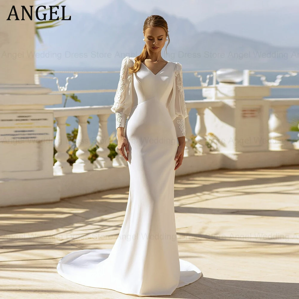 

ANGEL Modern Wedding Dresses Puff Sleeves Sexy Backless Bride Gowns Soft Satin Mermaid V-Neck Modern vestidos de novia