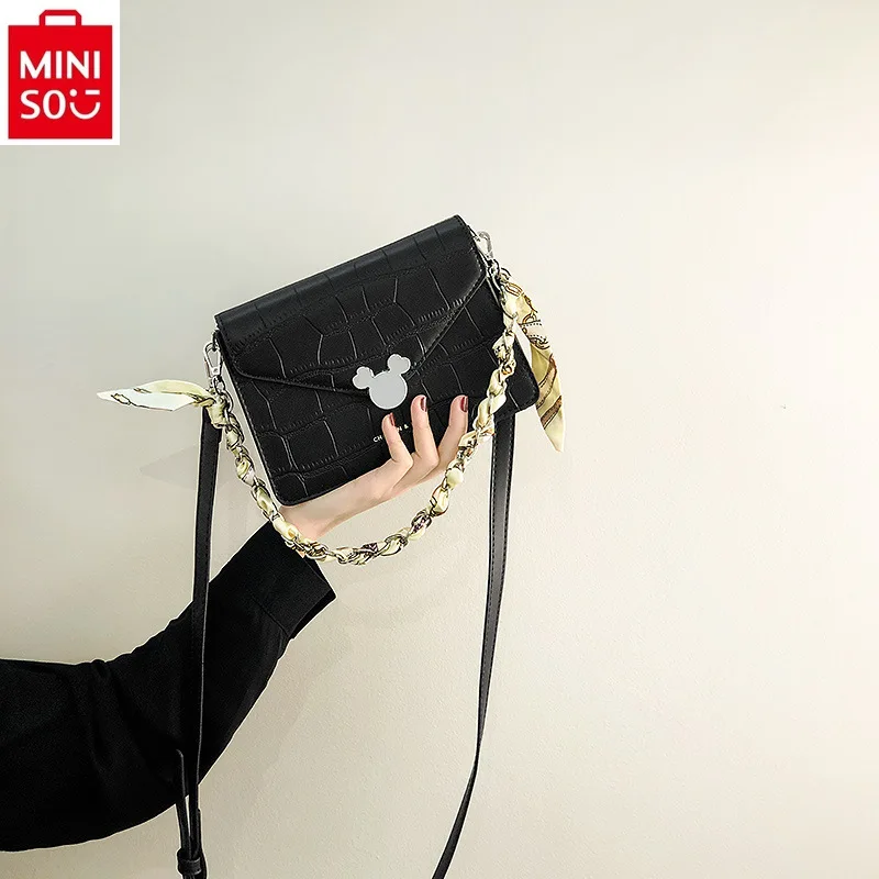 MINISO Disney Luxury Brand Mickey Ribbon Chain Crossbody Bag Women's Fashion High Quality Large Capacity Storage Cambridge Bag