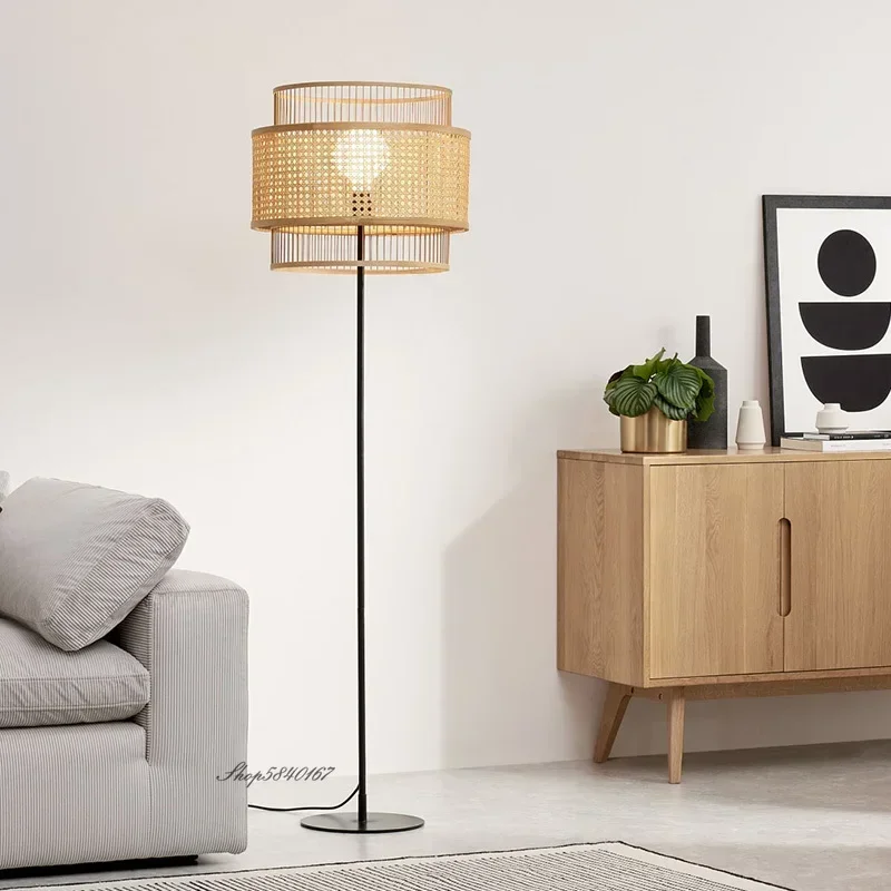 

Nordic Vintage Floor Lamp Stand Lights Retro Rattan Lampshade Floor Lighting for Living Room Study Bedroom Decoration Luminaire