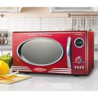 Retro Large 0.9 cu ft Countertop Microwave Oven, 12 Pre-Programmed Cooking Settings, Digital Clock,Metallic Red 1