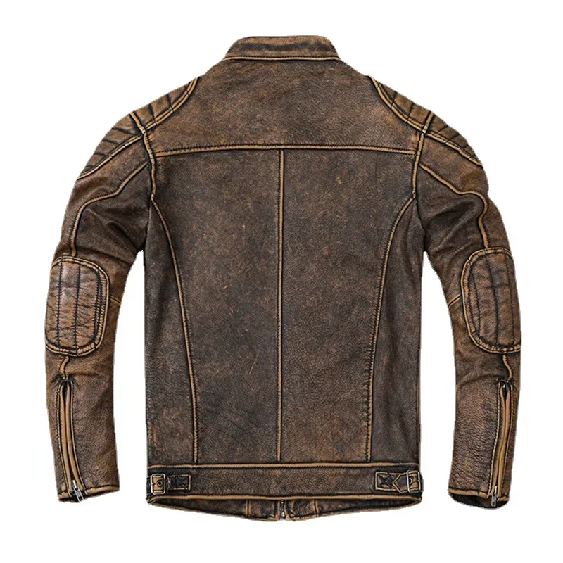 Leatherick Giacca da motociclista in vera pelle dall'aspetto invecchiato marrone chiaro, marrone invecchiato (S