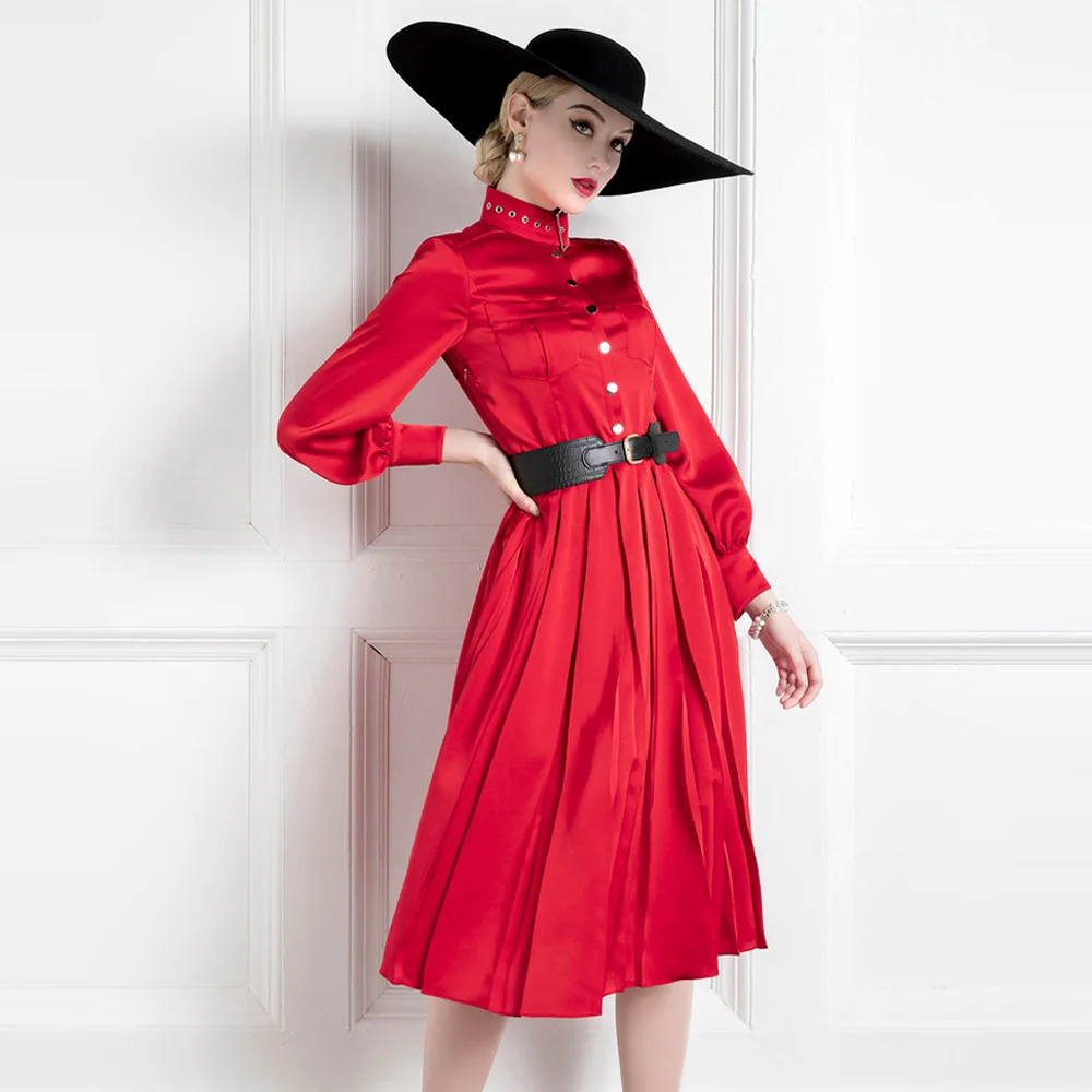 

High End Temperament Celebrity Spring Dress New Red Pleated Skirt Fashion Waist Dress Ol Female
