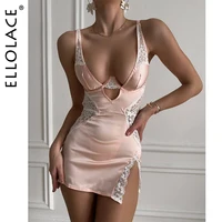 Ellolace Sexy Deep-V Neck Satin Dress Sexy Lingerie Lace Patchwork Split Sissy Night Dress Women Slip Dress Silk Nightwear